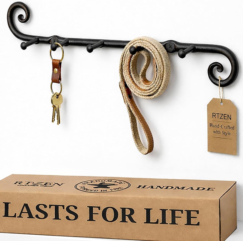 RTZEN Farmhouse Small Key Holder for Wall - Handcrafted Swirl Decorative 5 Key Hooks for Home Entryway - Wrought Iron Wall Mount Rack Purse Coat and Leash Holder or Organizer (Classic Black) - Image 1